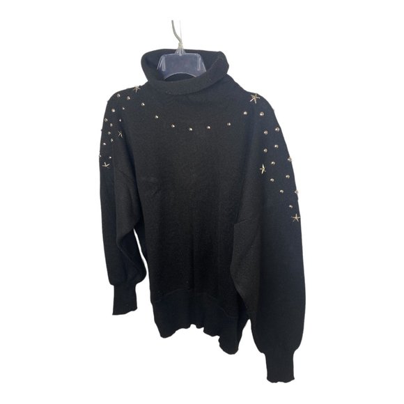 Vintage 80's Meister Large Black Wool Blend Silver Star Studded Sweater Turtlnec - Picture 11 of 12